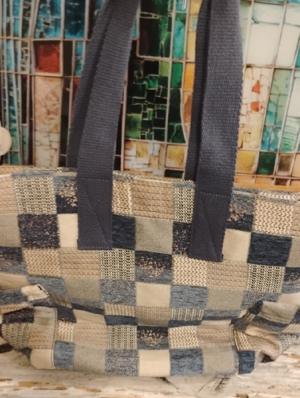 Universal Thread NWT Women’s Woven Check Tote Bag in Blue and Cream Patchwork